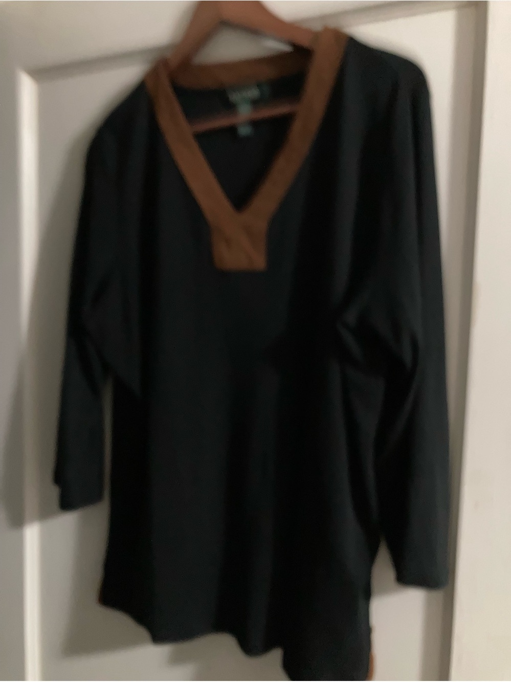 Ralph Lauren XL Navy Blue V-Neck tunic with Brown Trim